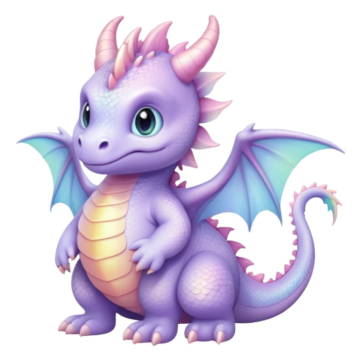 Cinematic fluffy pastel dragon, tiny round wings, chubby feet, sparkling gentle eyes, delicate glowing scales, soft colors blending magically, enchanting and whimsical. sticker