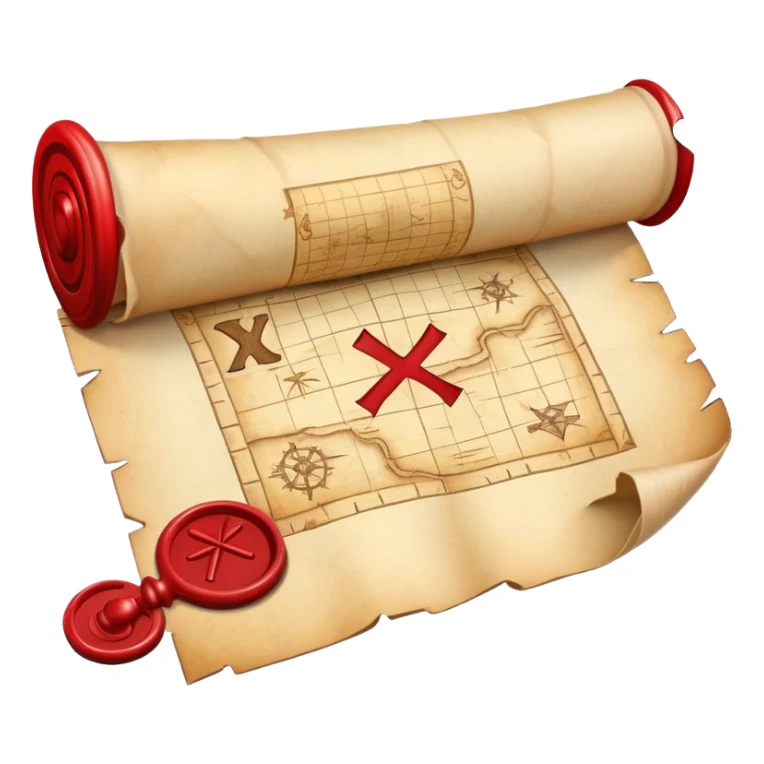 A rolled up treasure map with red wax seal, partially unfolded showing an X sticker