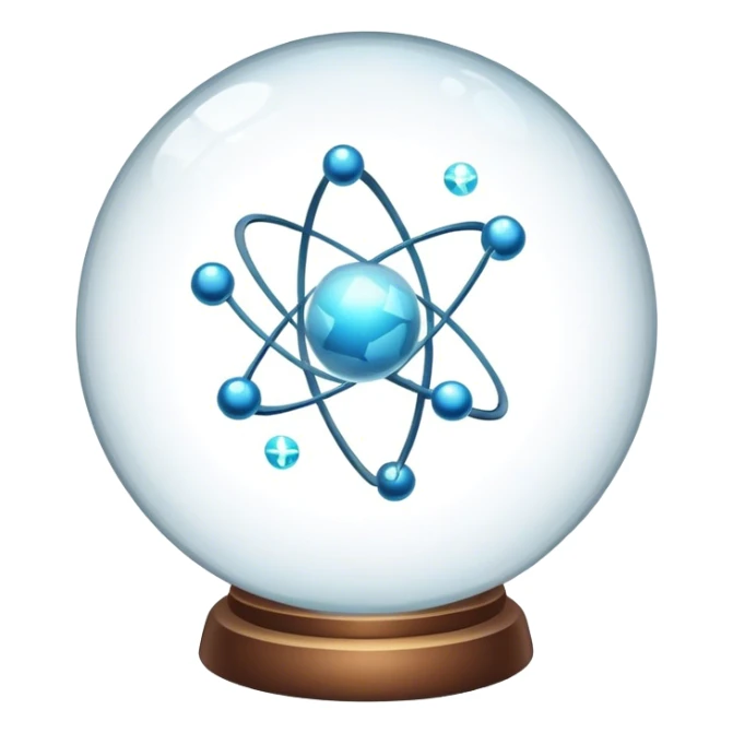 A glass sphere with atoms flying around inside, no stand sticker
