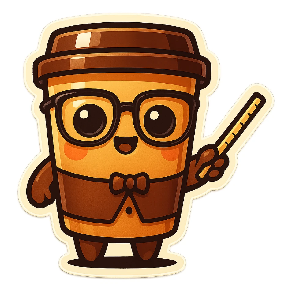 Tall coffee cup, pointing with ruler, dressed as a teacher sticker