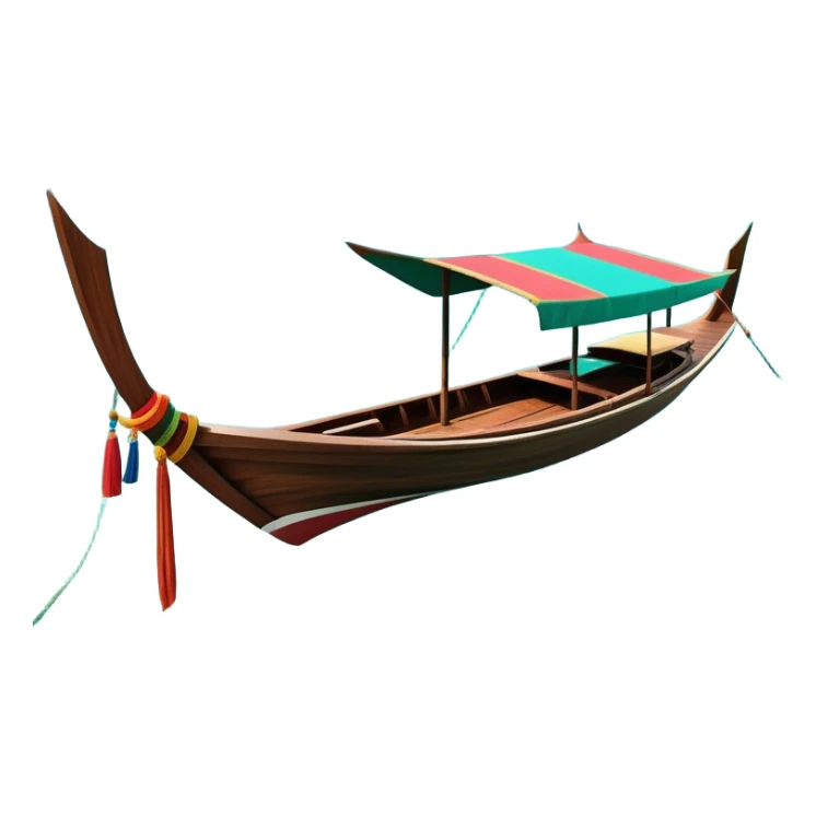 ​Cinematic Realistic Authentic Thai Longtail Boat, depicted as a traditional wooden longtail boat with a sleek, elongated hull and a brightly painted canopy, its long tail fin cutting gracefully through turquoise waters under a clear tropical sky, rendered with vibrant textures and dynamic natural lighting that captures its rustic charm and cultural heritage, sticker