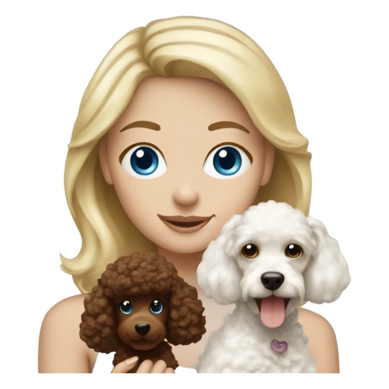 Blonde girl with blue eyes holding a chocolate brown and white poodle  sticker