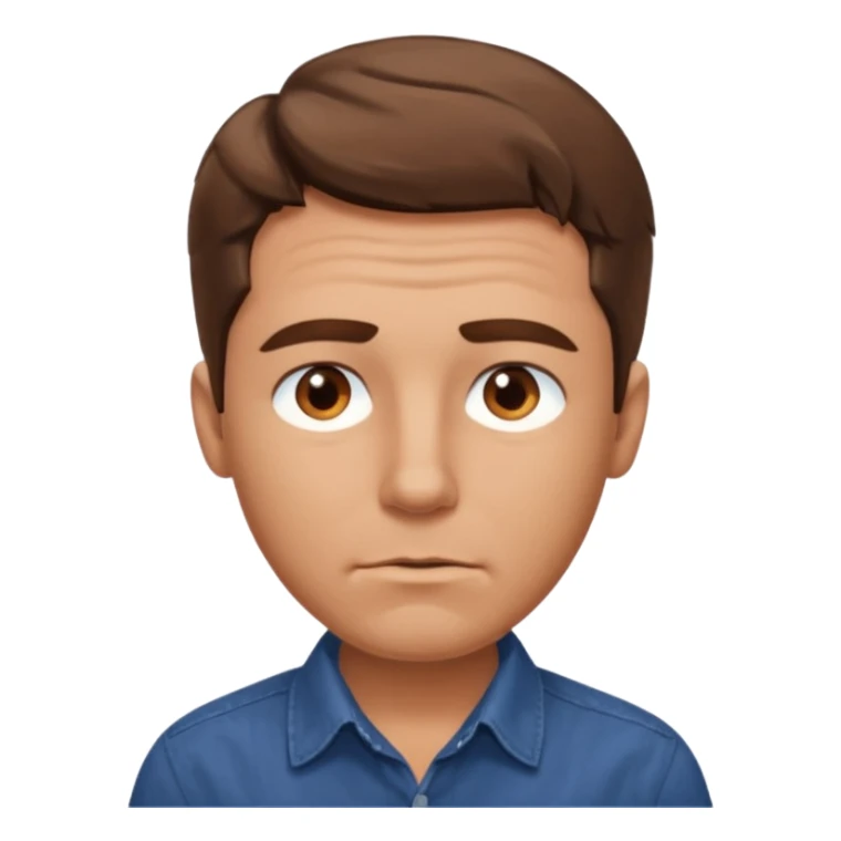 create an emoji of a man with wrinkles, oval face. he has an American look, messy brown hair, brown eyes, very slightly tanned skin, natural lips. he wears a short sleeve dark blue buttoned shirt sticker