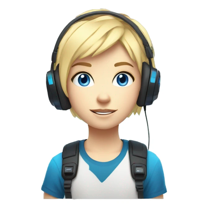 Blonde Short hair Gamer kid flat nose thin eyebrows with blue eyes with headset and gamepad with neon Lighting sticker