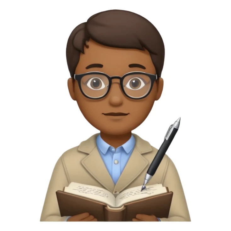 man hold a pen in hand write in book , wearing glasses sticker