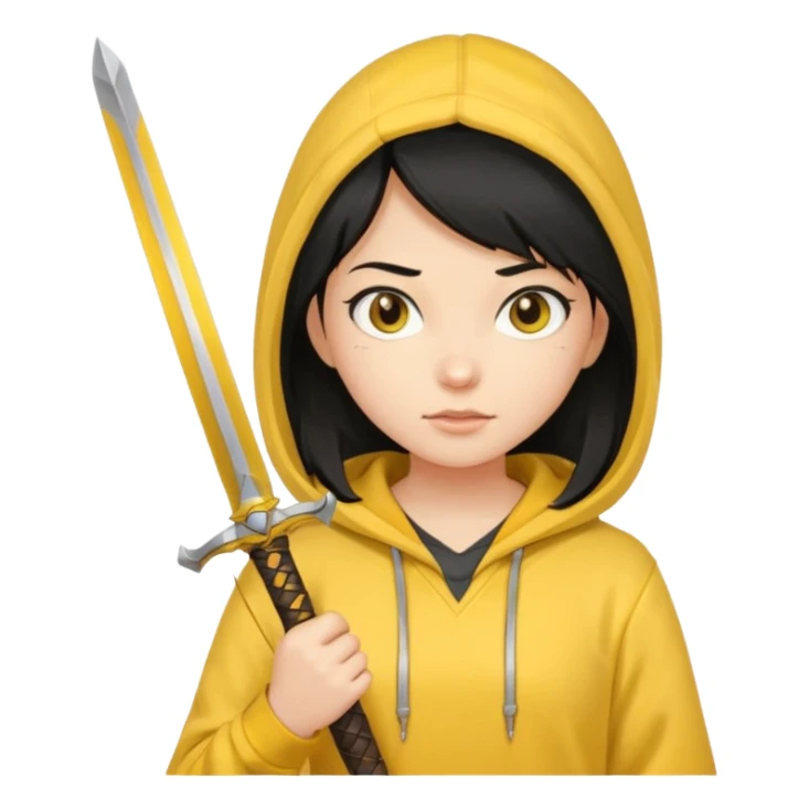 black haired girl holding sword and wearing yellow hoodie sticker