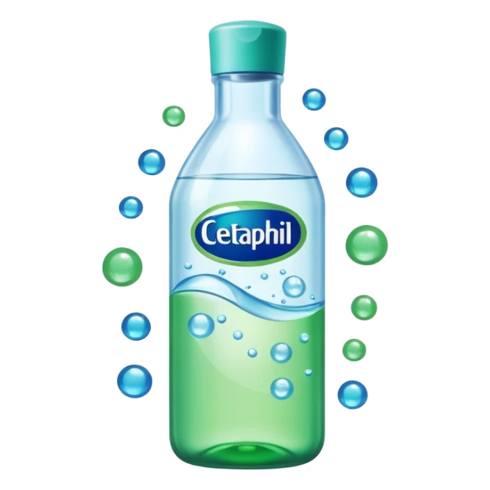Cetaphil white bottle with light green flip cap and blue-green label, glowing softly. Surrounded by tiny light orbs and silky sparkles flowing like hydration waves. Feels like a gentle skin shield potion in a glossy, minimalist flask. sticker