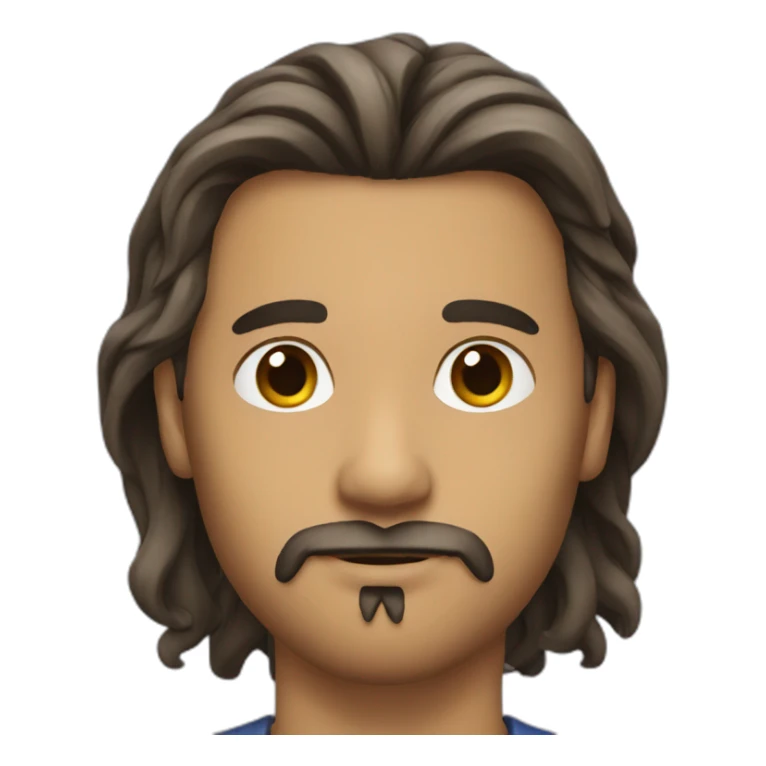 Men with long, tied hair and a goatee sticker