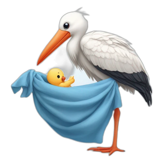 White stork carrying a blue bundle of cloth in its beak that has a human person cute baby human and the human baby head is peeking from the fabric the strok is carrying in its beak sticker