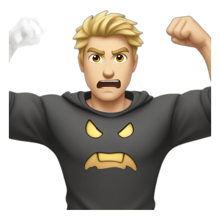 light haired angry young man in dark t-shirt with fists clenched over his head sticker