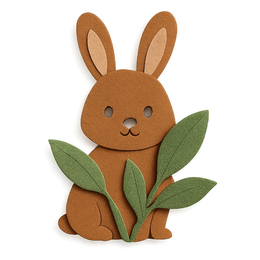 full-body cinnamon bunny peeking behind a plant, paper-craft style, ears symmetrical and matching sticker