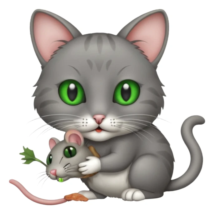 A cat holding a gray dead mouse in its mouth sticker