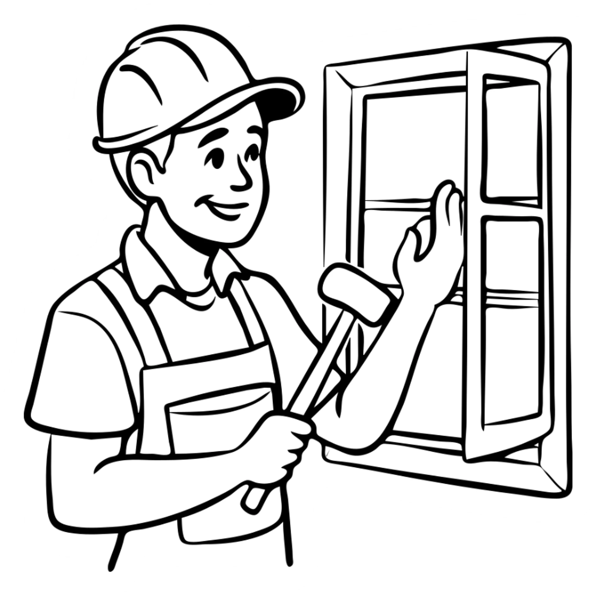 Window repair craftsman smiling while holding a small rubber mallet in his hand, looking at window he's fixing sticker