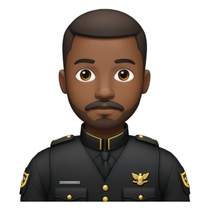 black soldier very short hair, short beard that connects seamlessly to his mustache,  in black bulletproof vest, black uniform sticker