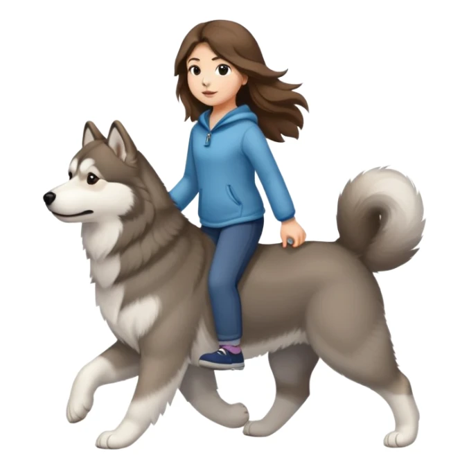 A girl with long brown hair walks a light gray Alaskan sticker