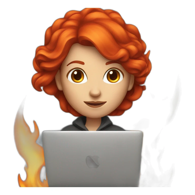 developer red hair woman with a macbook and a huge fire flame behind her sticker
