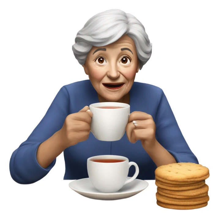 3d hyper realistic senior woman drinking a cup of tea with a biscuit  sticker