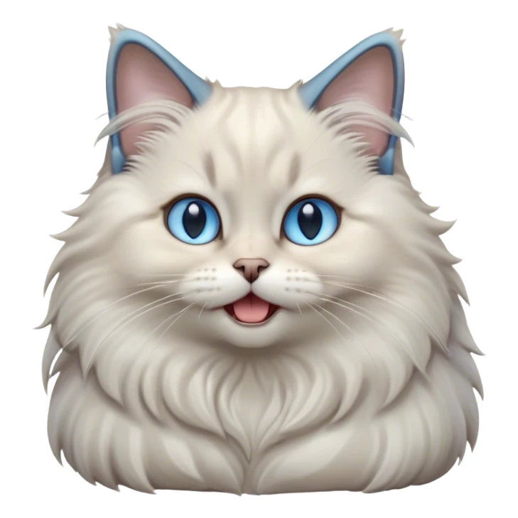 Cinematic Adorable Fluffy Light Grey Mantle Ragdoll Cat Portrait Emoji, Head tilted cutely with big, sparkling blue eyes, soft light grey fur with darker points on the ears, face, and paws, Simplified yet irresistibly adorable features, highly detailed, glowing with a soft, warm glow, high shine, yawning in a peaceful and playful manner, stylized with a touch of whimsy, bright and endearing, soft glowing outline, capturing the essence of a relaxed and loving kitten, so cute it feels like it could leap out of the screen and stretch into a cozy nap! sticker
