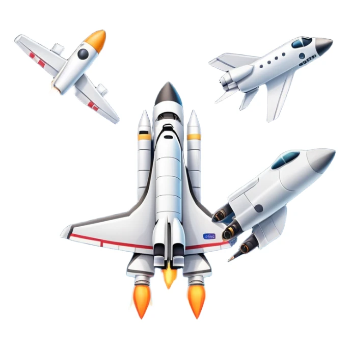 An icon featuring a space shuttle, a drone, and an airplane against a starry sky, symbolizing aerospace technology. The design includes rocket boosters and satellite orbits, representing the exploration of space and advanced aviation. Transparent background sticker