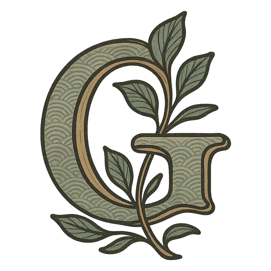 logo featuring the letter G with stylized leaves, elegant Japanese-inspired design sticker