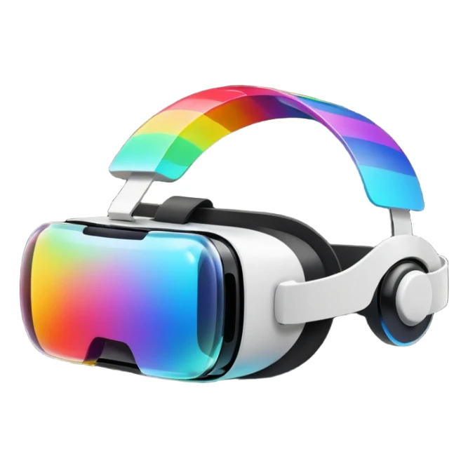Show a VR headset or AR glasses, symbolizing the immersive hair experience. Include virtual objects or a 3D scene floating in the air in front of rainbow Make the background transparent. sticker
