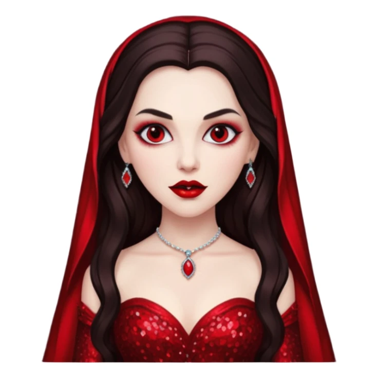 Bride of Dracula with long dark brown hair, red sequin outfit sticker
