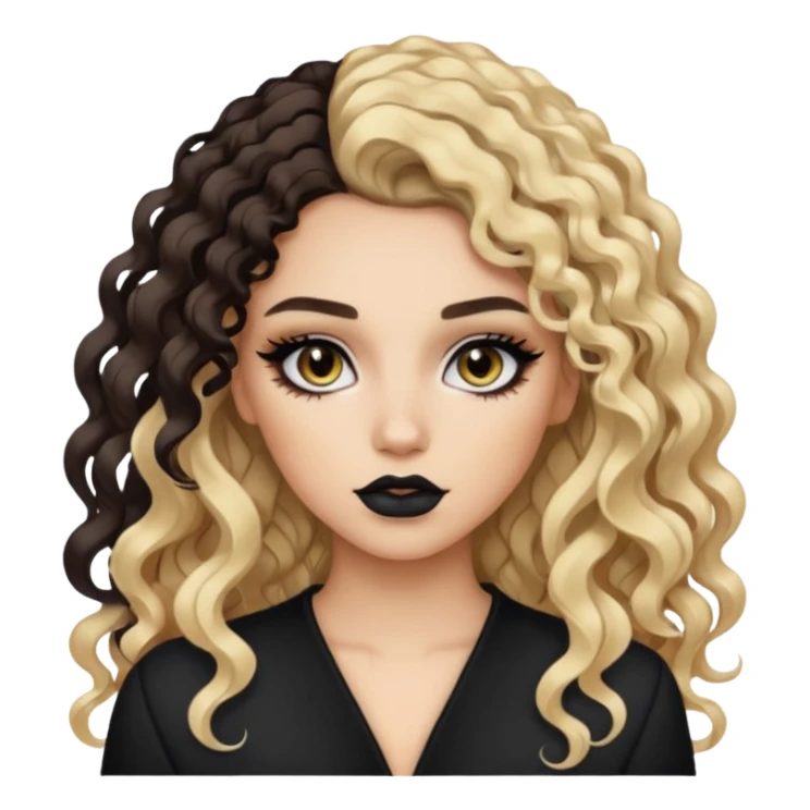 Split dye brunette and blonde, baddie, pretty makeup, black eyeliner, long and curly hair sticker
