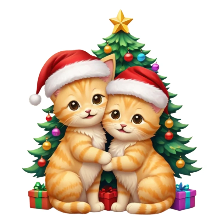 2 cute hugging smiling golden fluffy kittens with Santa hats by a colorful multicolored brightly lit up Christmas tree sticker