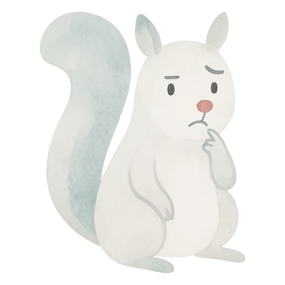 écureuil pensif, un sourcil levé, expression songeuse, style aquarelle sticker