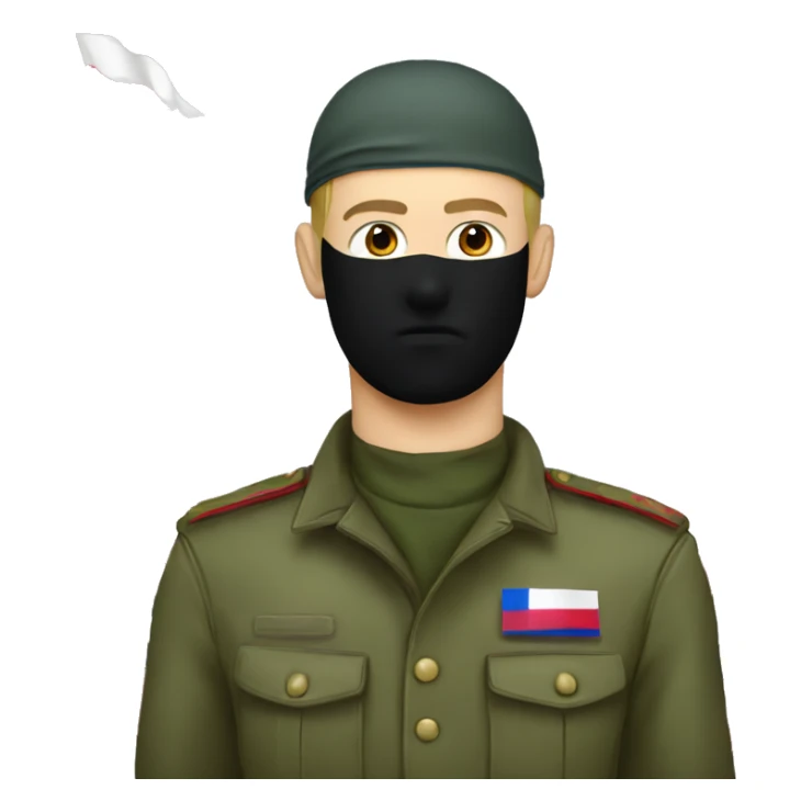 russian soldier with annoyed face and balaclava standing next to russian flag waving sticker