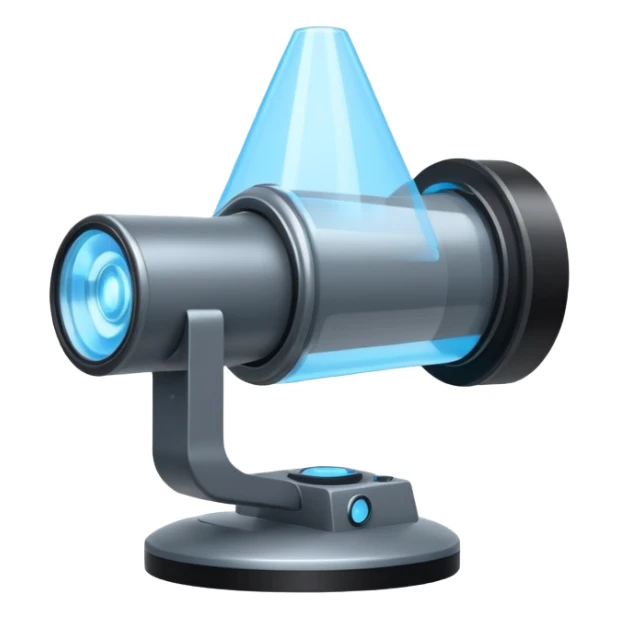 Flat emoji of a wrist-mounted hologram projector emitting a soft blue light cone, simple shapes, modern sci-fi style sticker