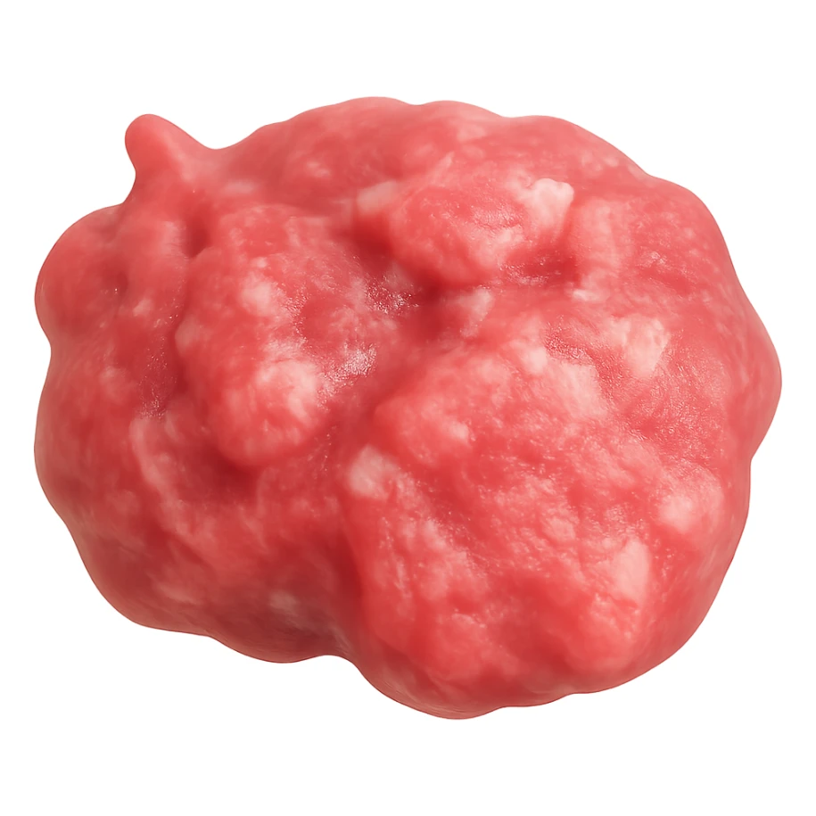 Create a realistic 3D rendering of raw sausage meat in the style of an Apple emoji. The sausage should be pinkish-red with white fat flecks, moist and rustic in appearance, with soft lighting. The image should have no background and be suitable for emoji scale. sticker