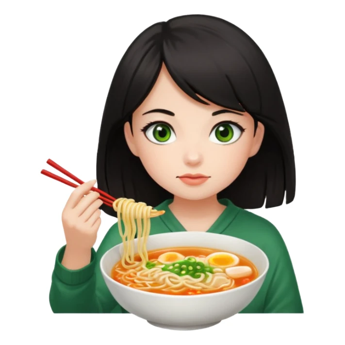 a dark-haired girl with green eyes is eating ramen sticker