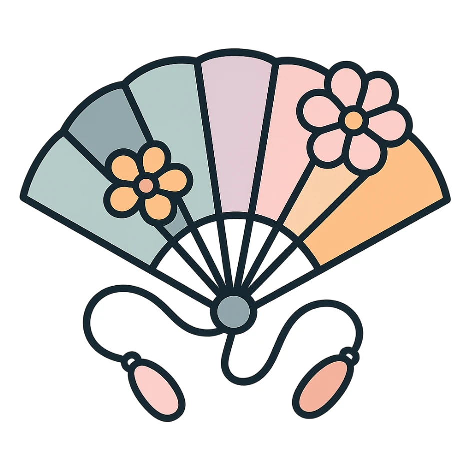beautiful Chinese fan with elegant curved cords and flowers, thin clean outlines, soft rounded shapes, pastel palette #98B5BC, #B5B3C1, #C9A3C9, #E4C0CA, #F7DCD1, #F7C0AA, modern Japanese pop art and sticker aesthetic, detailed shadows and highlights, soft lighting, transparent background sticker