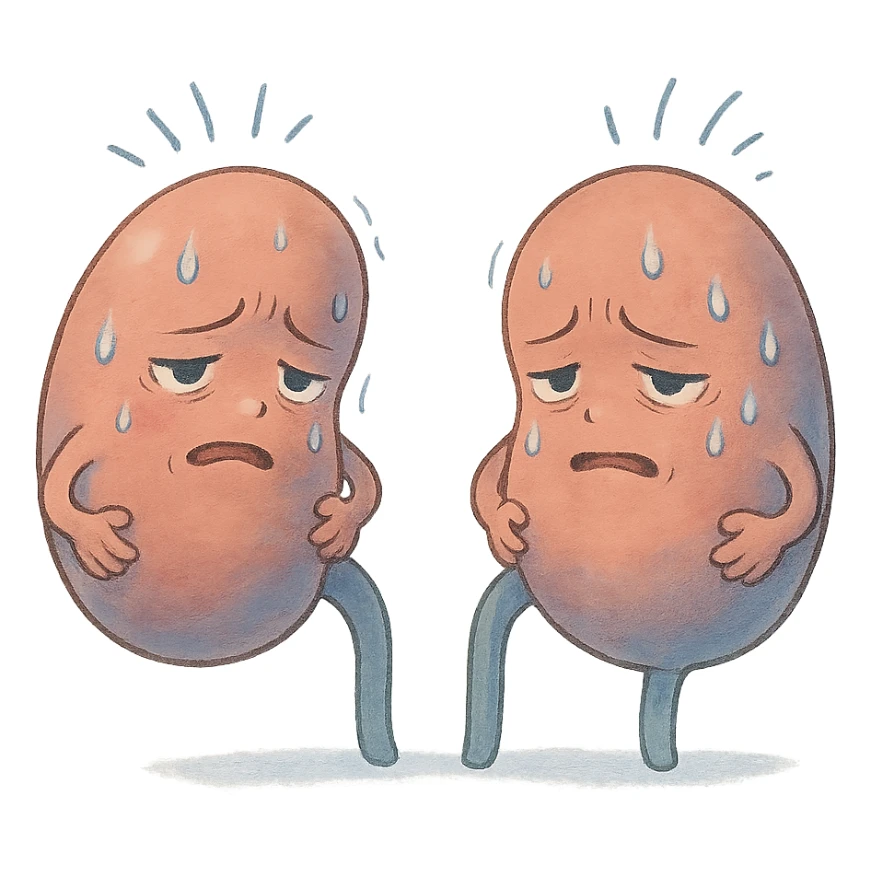 cartoon kidneys with stress lines and sweat, holding their sides, tired eyes, soft blue and pink tones, medical style sticker