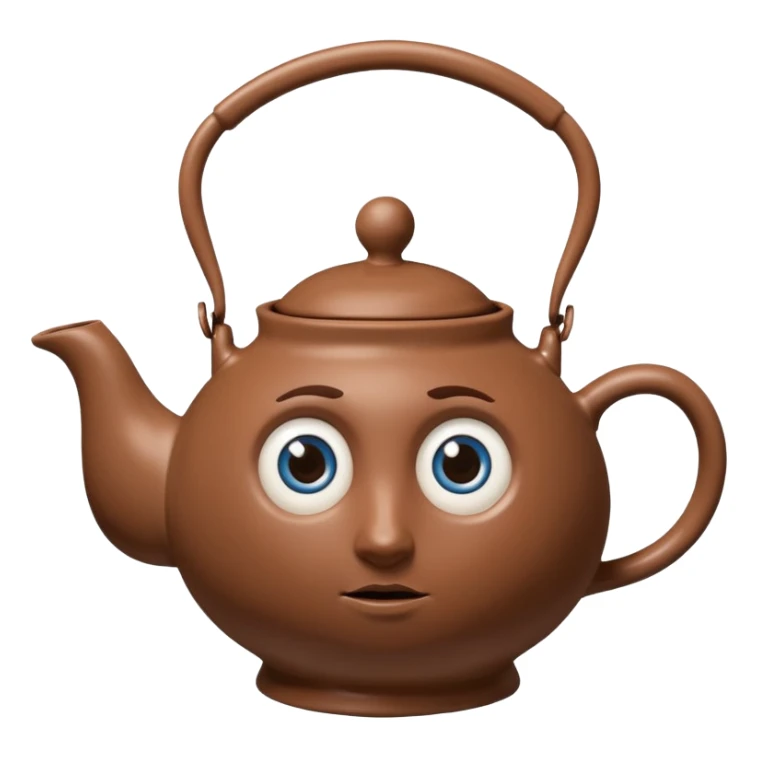 brown teapot, with a concerned expression including big blue eyes. It has human legs on the bottom, and a human hand connected to its handle. sticker
