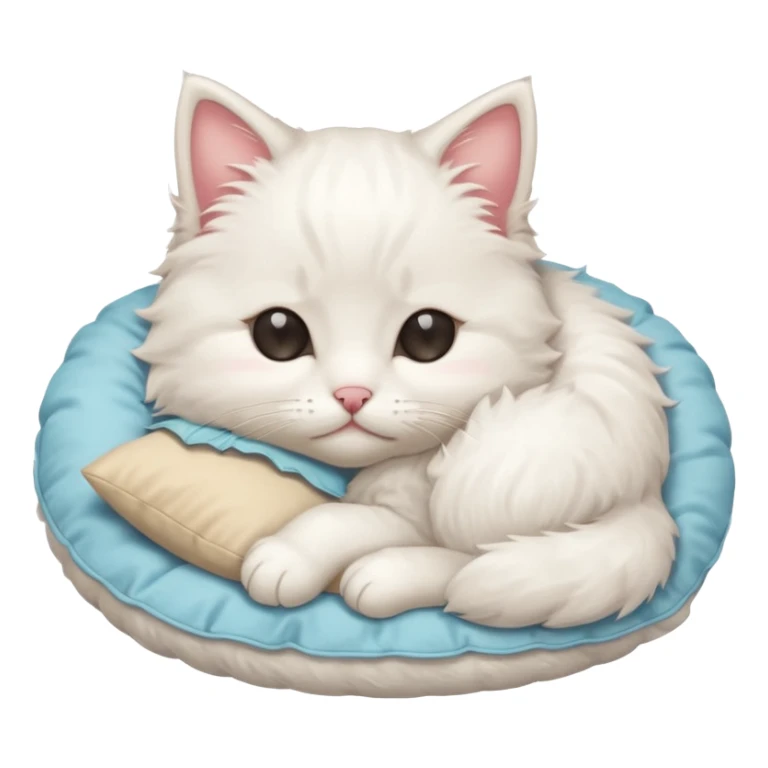 Stitch white fluffy kitten snuggling a pillow, cheeks rosy, eyes closed in > < shape sticker