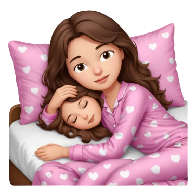 Brunette girl with long wavy brown hair with brown eyes and sleeping on a withe bed with cute pink pjs sticker