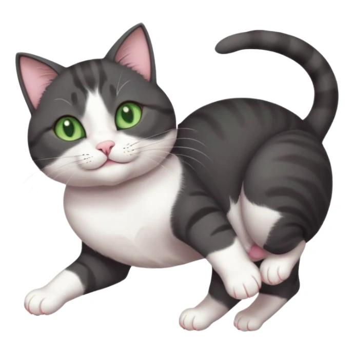 beautiful female solid dark grey cat with green eyes, white toes/paws and white patch on her chest playfully rolling upside down sticker
