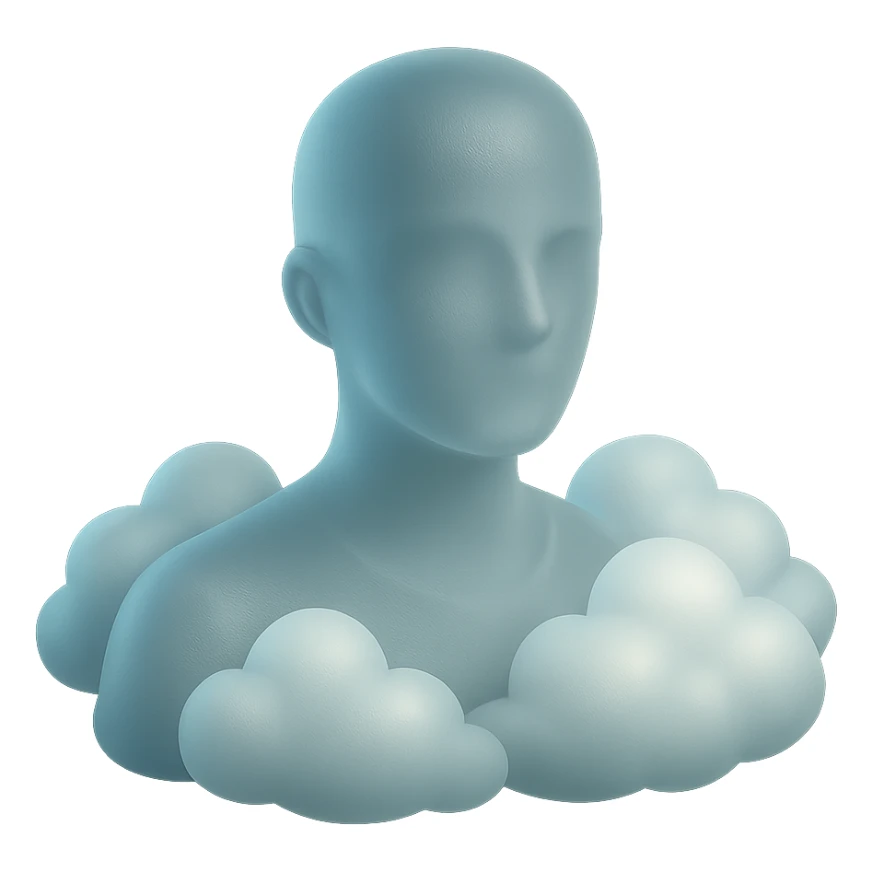 person looking straight ahead, shoulders filled with puffy white clouds, matte glass style sticker