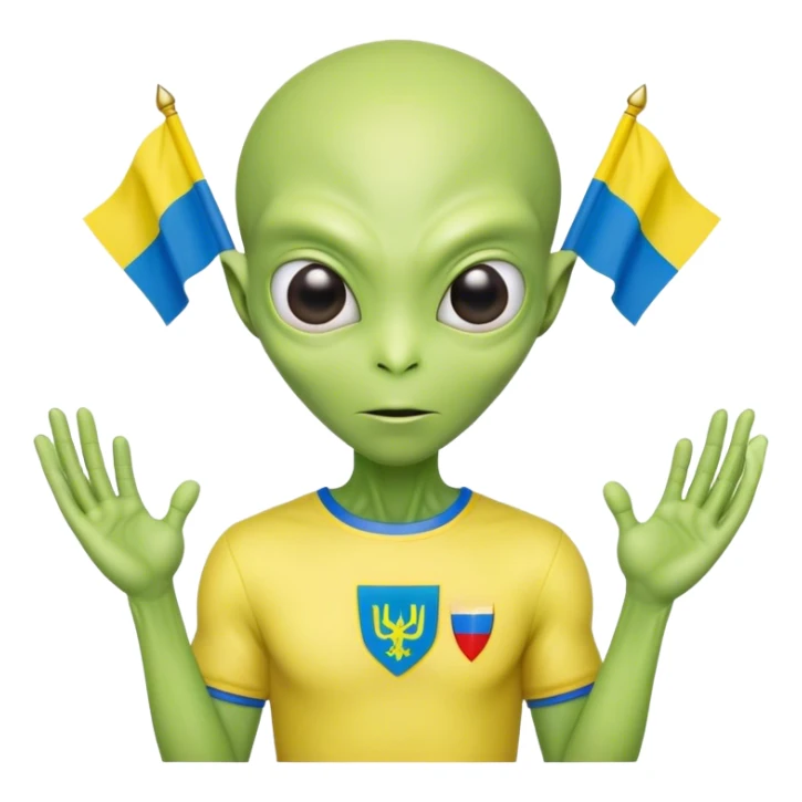 Green alien in Shirt 👚 with 🇺🇦  and 🇷🇺 Russia flag sticker