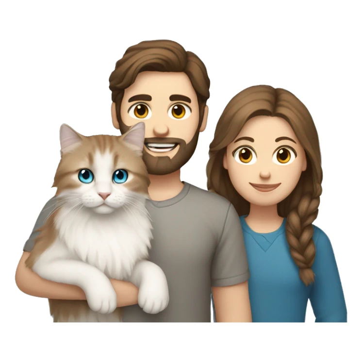 man with brown hair, a beard and blue eyes holding a white Siberian cat sticker