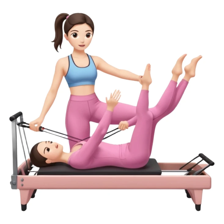 white brunette girl in light pink workout clothes doing pilates on a reformer sticker