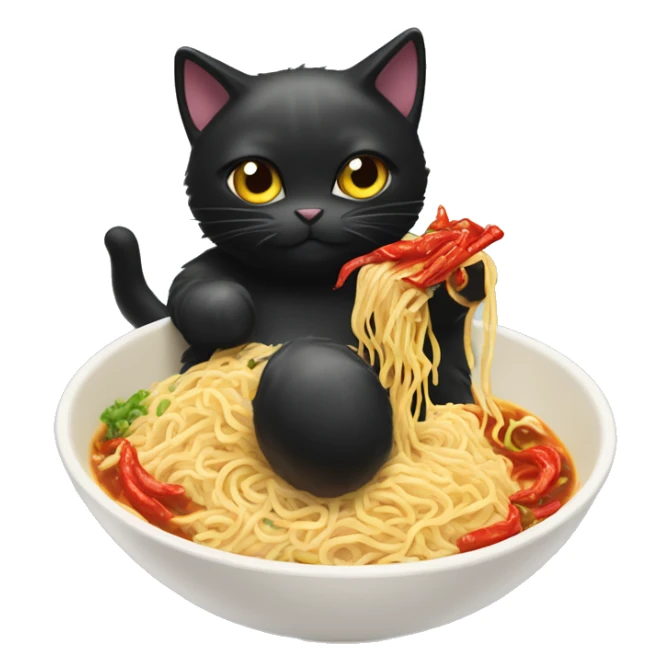Fluffy black cat eating spicy buldak noodles  sticker
