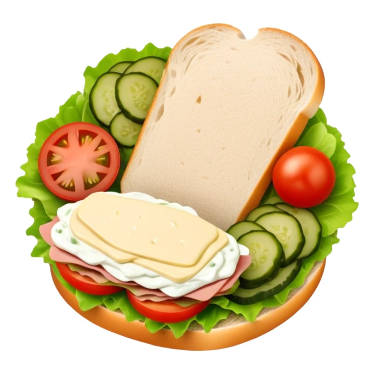 sandwich with turkey, lettuce, pickles, mayonnaise, and tomatoes top-down view sticker