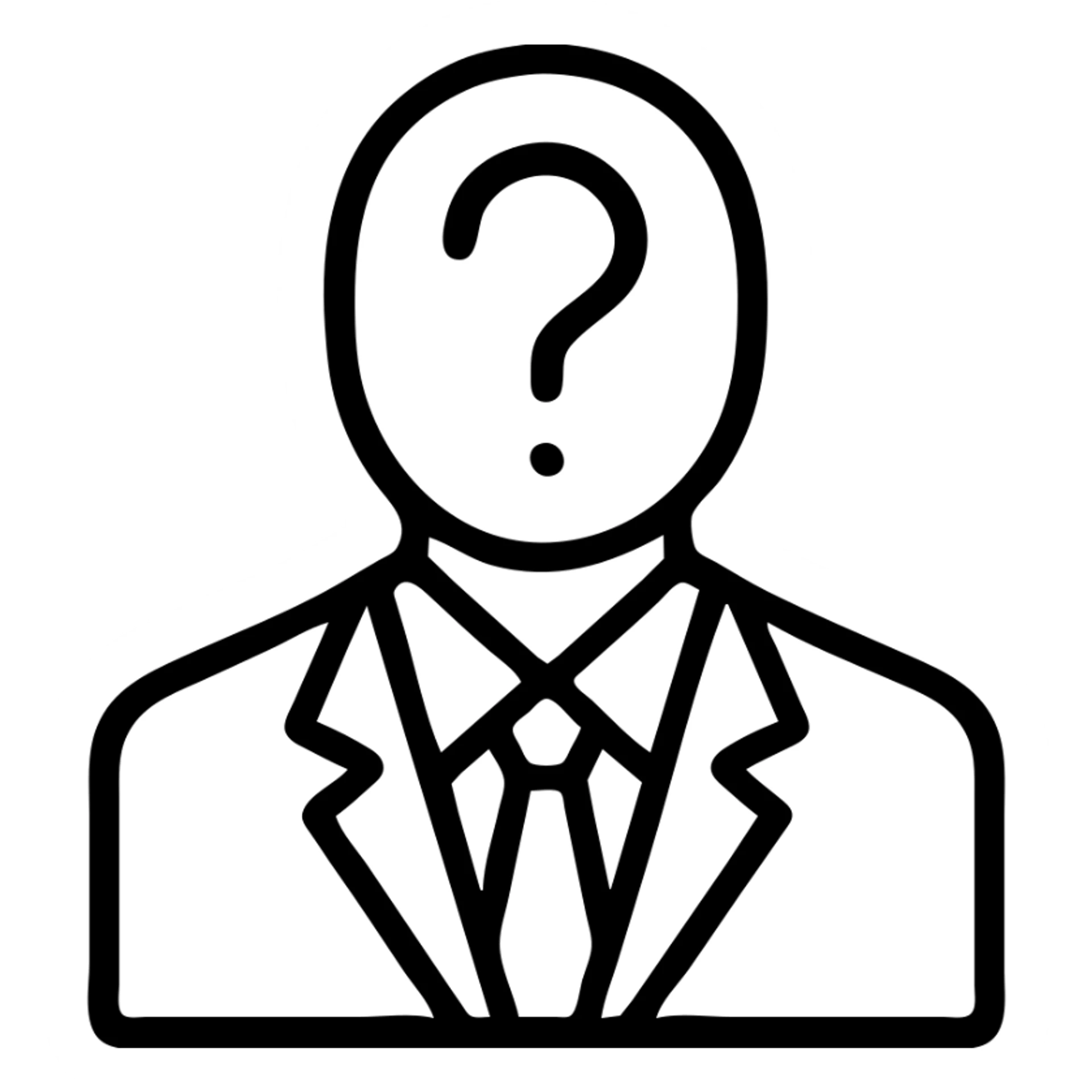 minimalistic icon of a man in a black and white suit with a question mark as his face, clean lines, no background sticker