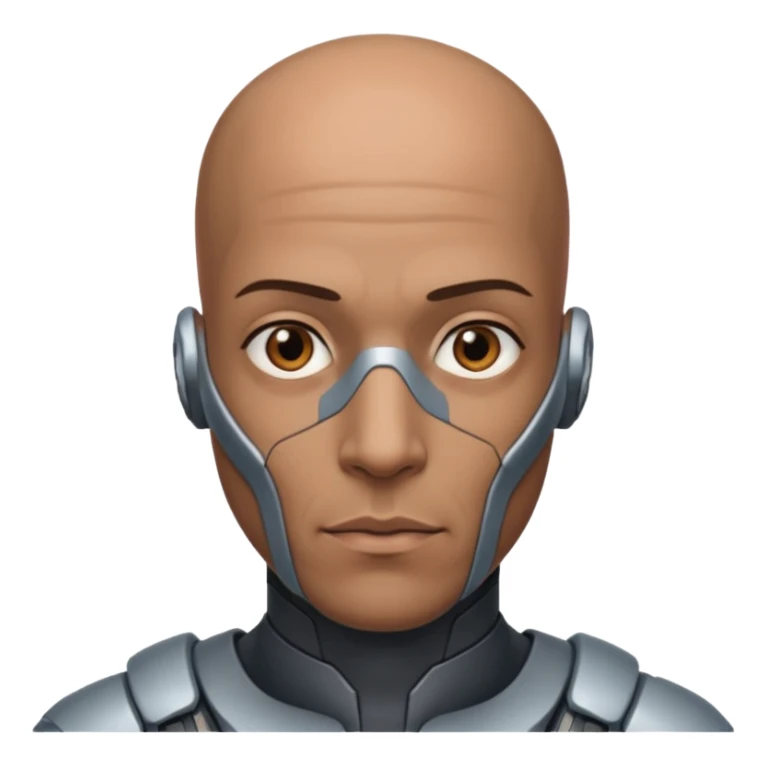 bald dark brown man, vertical half of his face covered in cyborg augmentations sticker