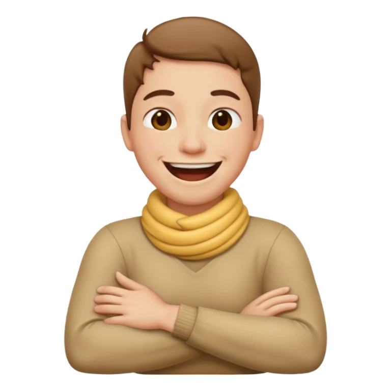 Person with arms crossed while holding neck and laughing sticker