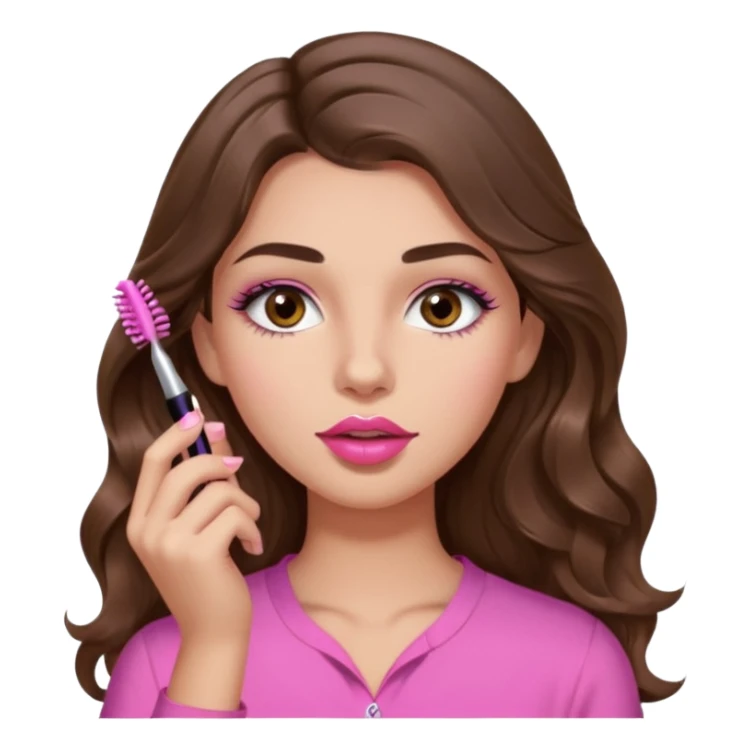 girl with long wavy brown hair, brown eyes, light to medium complexion, in a pink shirt, pink lips, long lashes, puckered lips, putting on mascara sticker