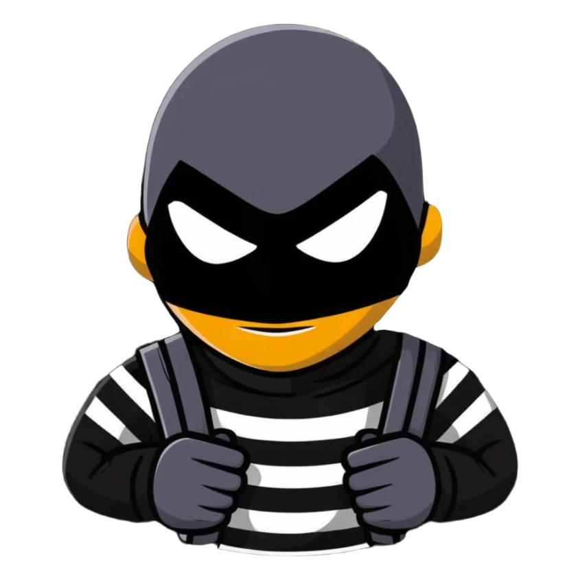 intimidating robber with black mask around eyes, striped shirt, sneaky and menacing expression, no weapons sticker